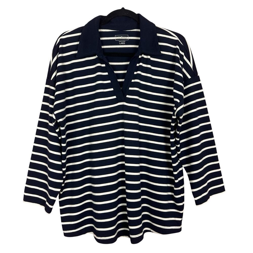 L.L.Bean 3/4 Sleeve Top Popover Polo Navy Blue White Stripe Shirt Large Regular